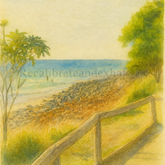 Painting of a sunlit coastal path with wooden railing, rocky shoreline, calm sea and distant swimmer