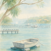 Painting of a single small sailboat resting on calm blue water beneath a wide soft sky,