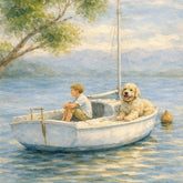 Watercolour-style coastal artwork of a young boy and his Labradoodle sitting together on a small white sailboat on calm blue water, with soft sky and distant mountains—serene sailing wall art.