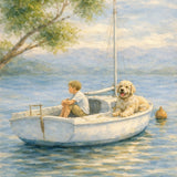 Watercolour-style coastal artwork of a young boy and his Labradoodle sitting together on a small white sailboat on calm blue water, with soft sky and distant mountains—serene sailing wall art.