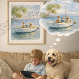 A framed watercolor-style wall art print hangs above a beige couch where a young boy sits cross-legged reading a book next to a fluffy cream-colored dog. The print depicts a boy and a dog in a small boat on the water, and a thought bubble above the couch repeats the scene.