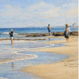Painting of three figures fishing on a sunny beach, curved shoreline, calm blue ocean and wide open sky, calming coastal wall art.