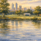 Watercolour painting of a calm lake reflecting trees and a distant city skyline under a soft sky, titled Lake Views