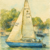 Painting of a blue sailboat on a calm river with soft trees and houses in the background, titled Day on the River