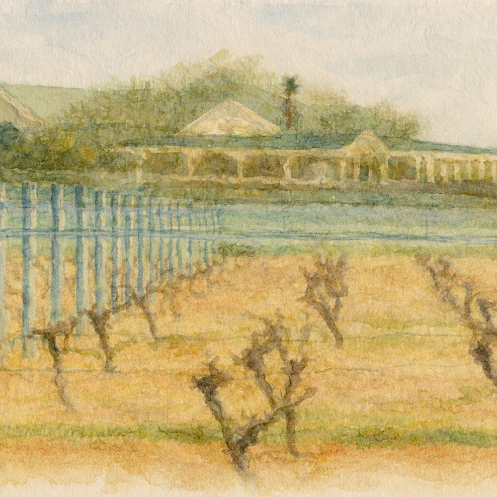 Soft style landscape of vineyard rows with blue-grey posts leading toward a distant winery building under a pale sky—rustic countryside wall art