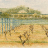 Soft style landscape of vineyard rows with blue-grey posts leading toward a distant winery building under a pale sky—rustic countryside wall art