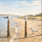 Tranqil artwork of seagulls resting on wooden posts along a sandy beach with gentle waves and open sky, calming coastal wall art.
