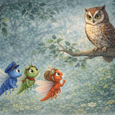 A brown owl perched on a branch looking at three small, colorful winged insects in a forest.