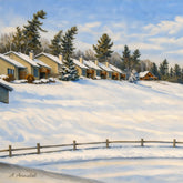 Oil-style artwork of a snow-covered countryside with rolling hills, simple buildings, trees and a wooden fence under a soft winter sky, creating a calm and reflective winter scene.