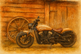 Painting of an Indian motorcycle parked beside a rustic timber building with a wagon wheel, titled Indian Scout.