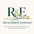 A centered square graphic with the large letters R&E above the words RECALIBRATE & EXHALE, plus smaller text reading 'ART THAT KEEPS THE BUSY WORLD OUTSIDE – SO YOU CAN EXHALE INSIDE.' The design uses dark green typography and a soft green landscape line with a small warm beige sun on an off-white background.