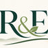 A centered square graphic with the large letters R&E above the words RECALIBRATE & EXHALE, plus smaller text reading 'ART THAT KEEPS THE BUSY WORLD OUTSIDE – SO YOU CAN EXHALE INSIDE.' The design uses dark green typography and a soft green landscape line with a small warm beige sun on an off-white background.