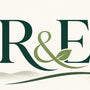 A centered square graphic with the large letters R&E above the words RECALIBRATE & EXHALE, plus smaller text reading 'ART THAT KEEPS THE BUSY WORLD OUTSIDE – SO YOU CAN EXHALE INSIDE.' The design uses dark green typography and a soft green landscape line with a small warm beige sun on an off-white background.