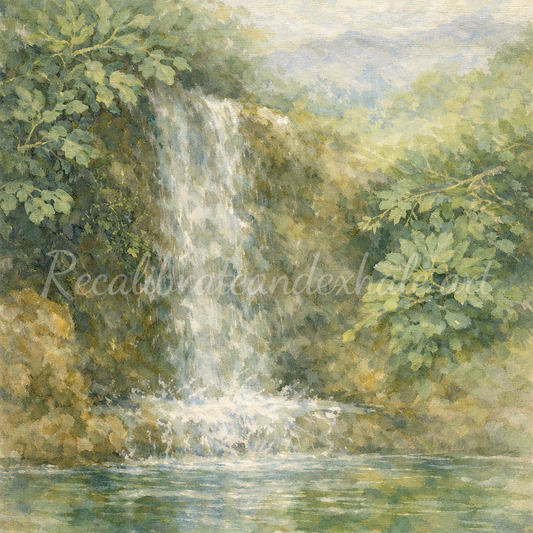 Serene waterfall pond with muted colours and relaxed vibe