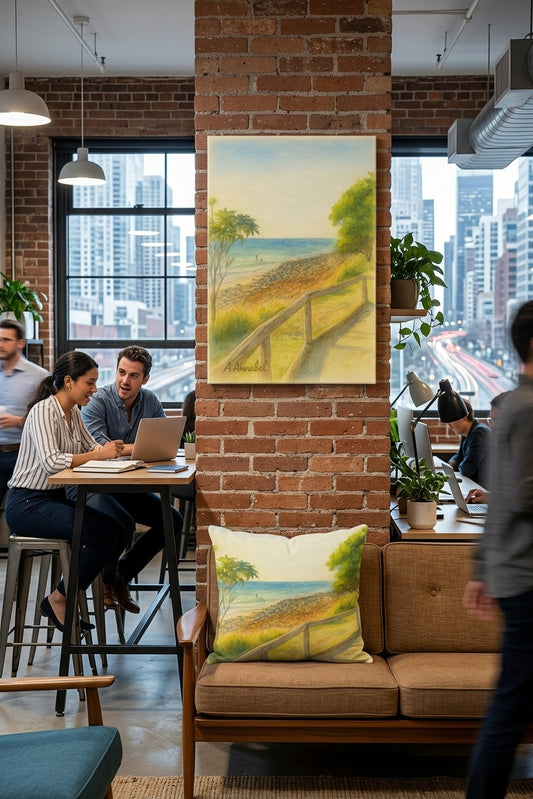 Office space with nature inspired artwork as virtual window 