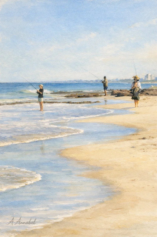 Coastal scene showwing two figures fishing with the city skyline visible further up the coast.