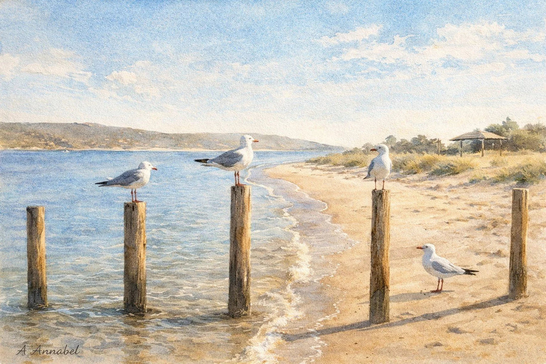 Calm rustic coastal scene with seaguls resting on pylons by the river