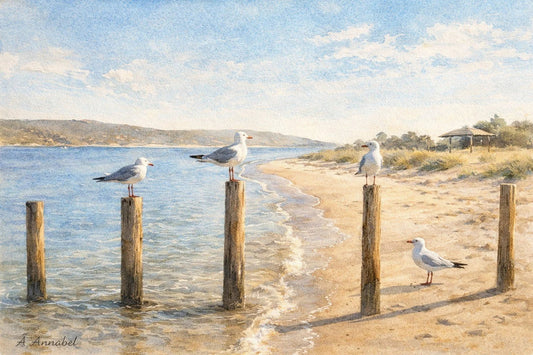 Calm rustic coastal scene with seaguls resting on pylons by the river