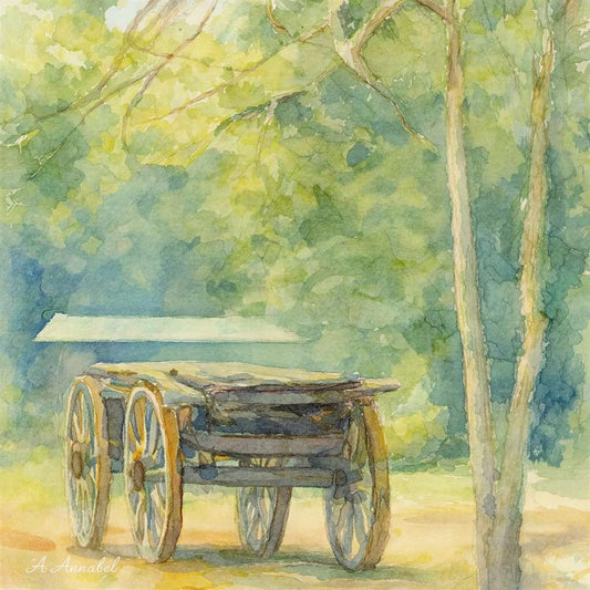 Relaxed nature scene of rustic wooden wagon under trees 