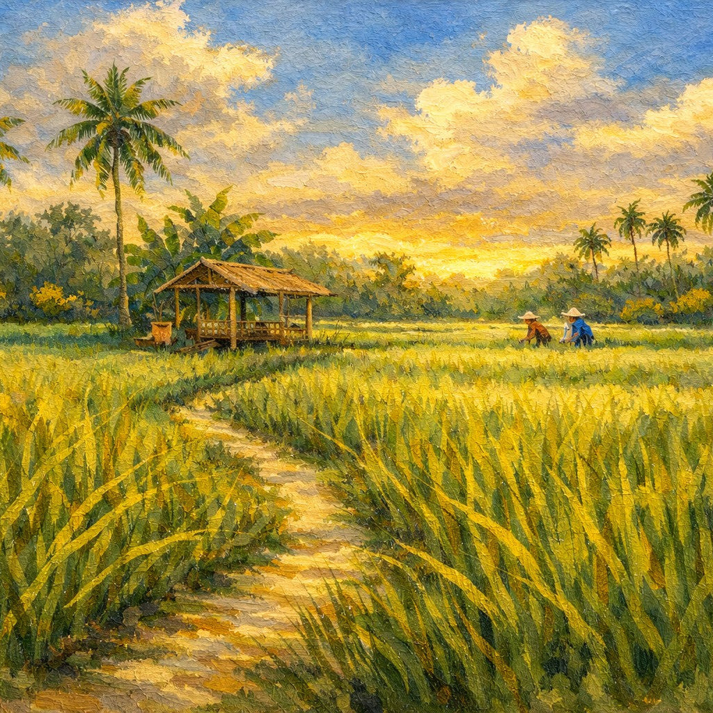 Calming Bali rice field wall art with soft green tones designed to create a peaceful and relaxing interior space
