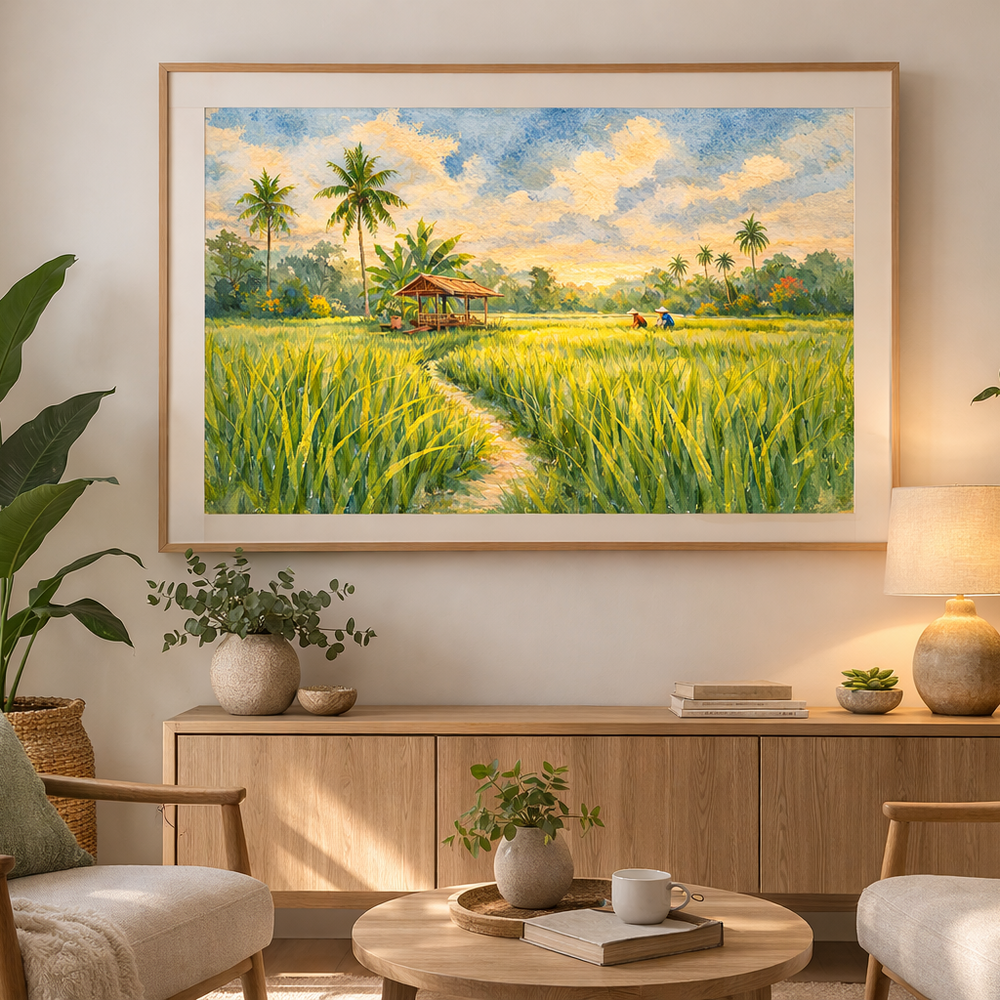 A framed landscape painting of a lush green rice field with palm trees and a small pavilion under a blue sky, displayed on a beige wall in a modern, sunlit living room with armchairs, a wooden console, and potted plants.
