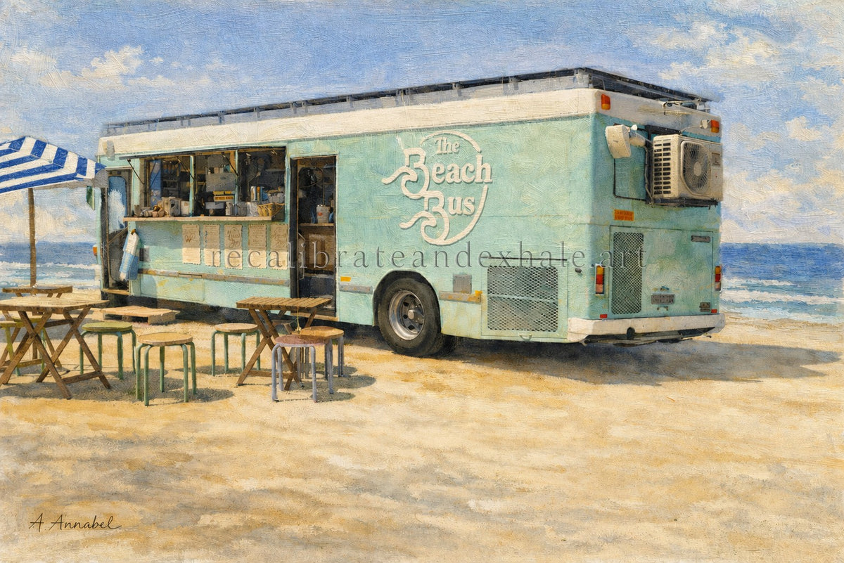 Beach Bus Brew – artwork of a mint green beachside coffee van with tables and umbrella on the sand, calm coastal café wall art.
