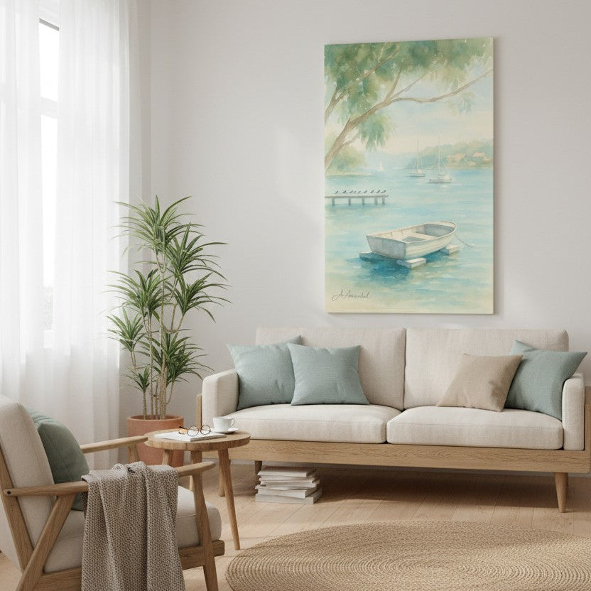 A vertical canvas art print depicting a serene water scene with a small boat and a dock under a tree, styled in a bright, modern living room above a light wood sofa with blue and beige pillows.