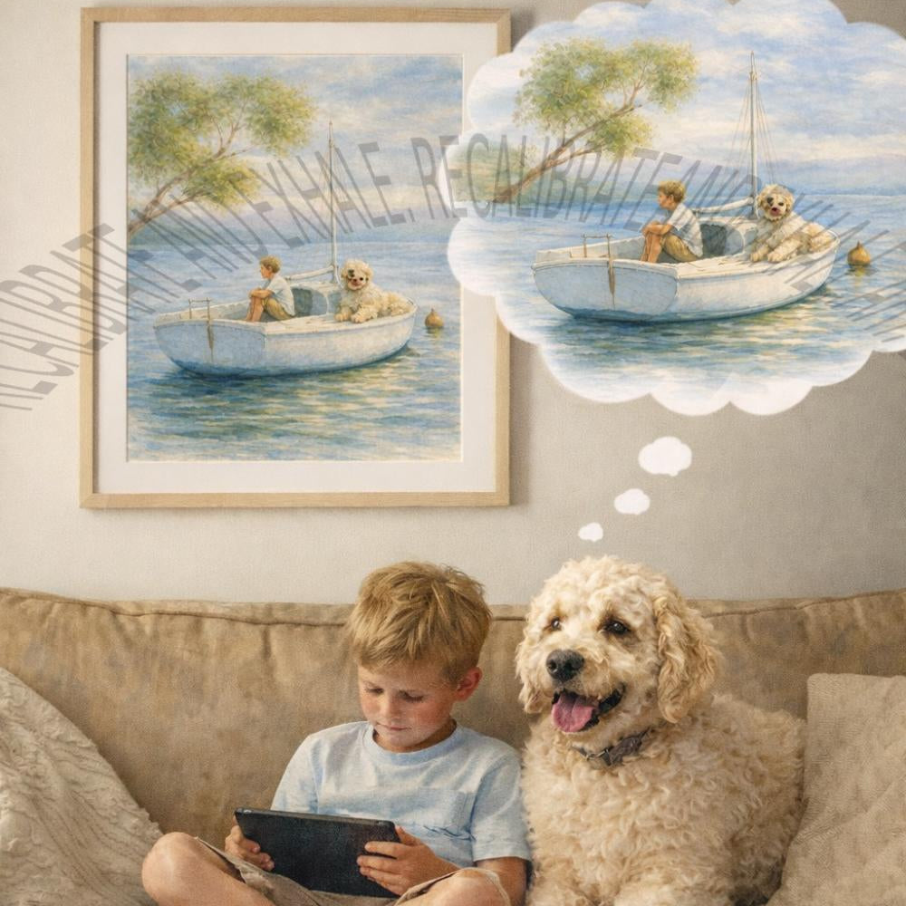 A framed watercolor-style wall art print hangs above a beige couch where a young boy sits cross-legged reading a book next to a fluffy cream-colored dog. The print depicts a boy and a dog in a small boat on the water, and a thought bubble above the couch repeats the scene.