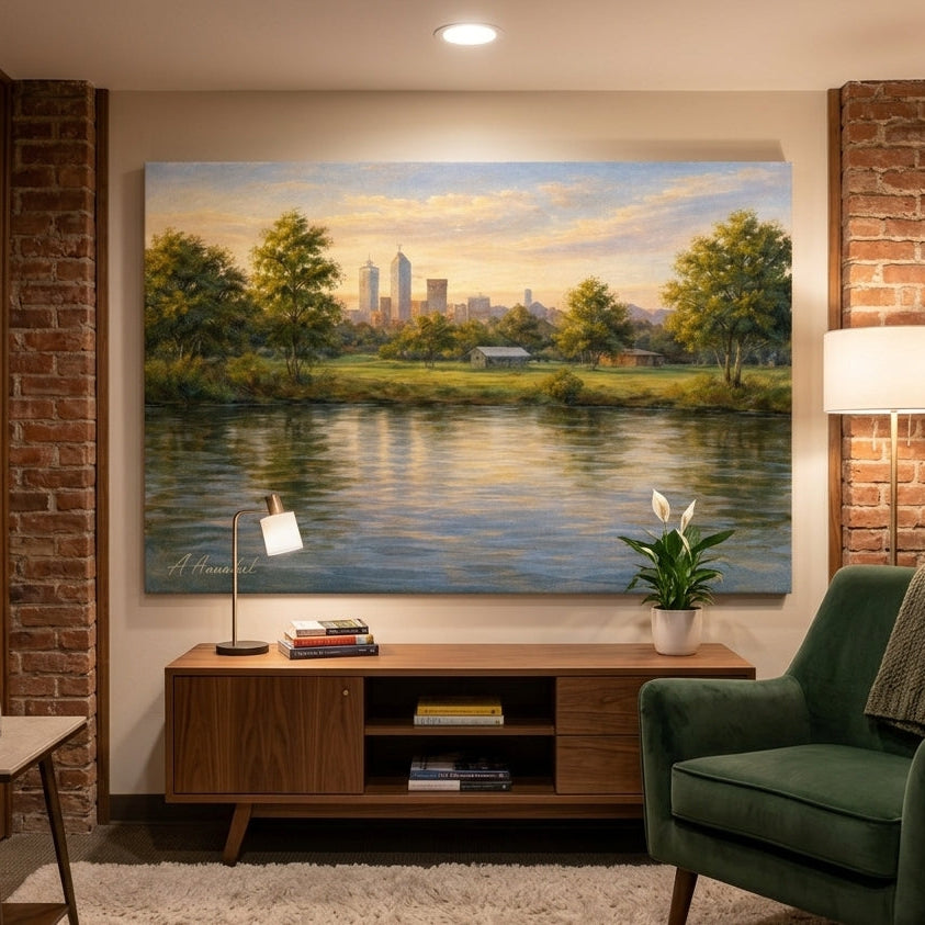 A large landscape canvas print of a city skyline over a lake with trees, displayed on a wall in a modern living room setting with a green armchair, wooden console, and brick columns.