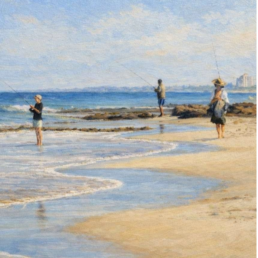 Painting of three figures fishing on a sunny beach, curved shoreline, calm blue ocean and wide open sky, calming coastal wall art.