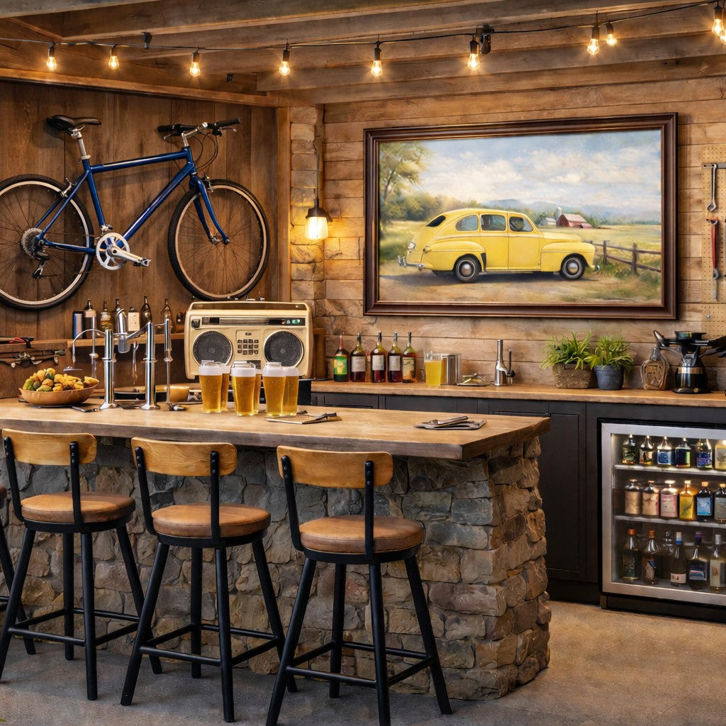 A rustic outdoor bar setup with a stone-and-wood counter, four bar stools, beer taps, string lights, a framed yellow car painting on the wall, a mounted bicycle, and a small under-counter refrigerator.