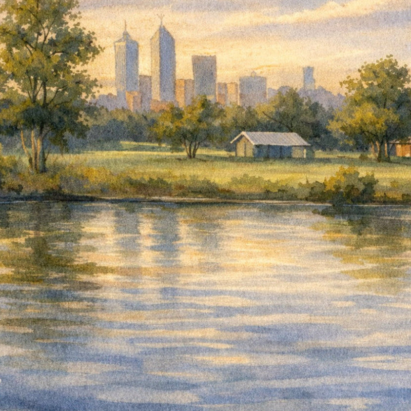 Watercolour painting of a calm lake reflecting trees and a distant city skyline under a soft sky, titled Lake Views
