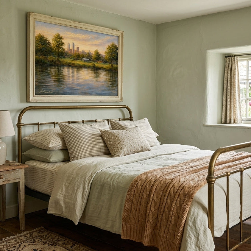 A styled bedroom featuring a bed with a brass metal frame, dressed in cream and tan bedding, next to a wooden nightstand with a lamp. A large framed landscape painting hangs on the wall above the bed.