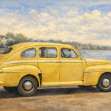 A tranquil artwork of a classic yellow car set in a quiet rural landscape, painted in soft, warm tones with gentle brushwork, evoking nostalgia, calm and pride.