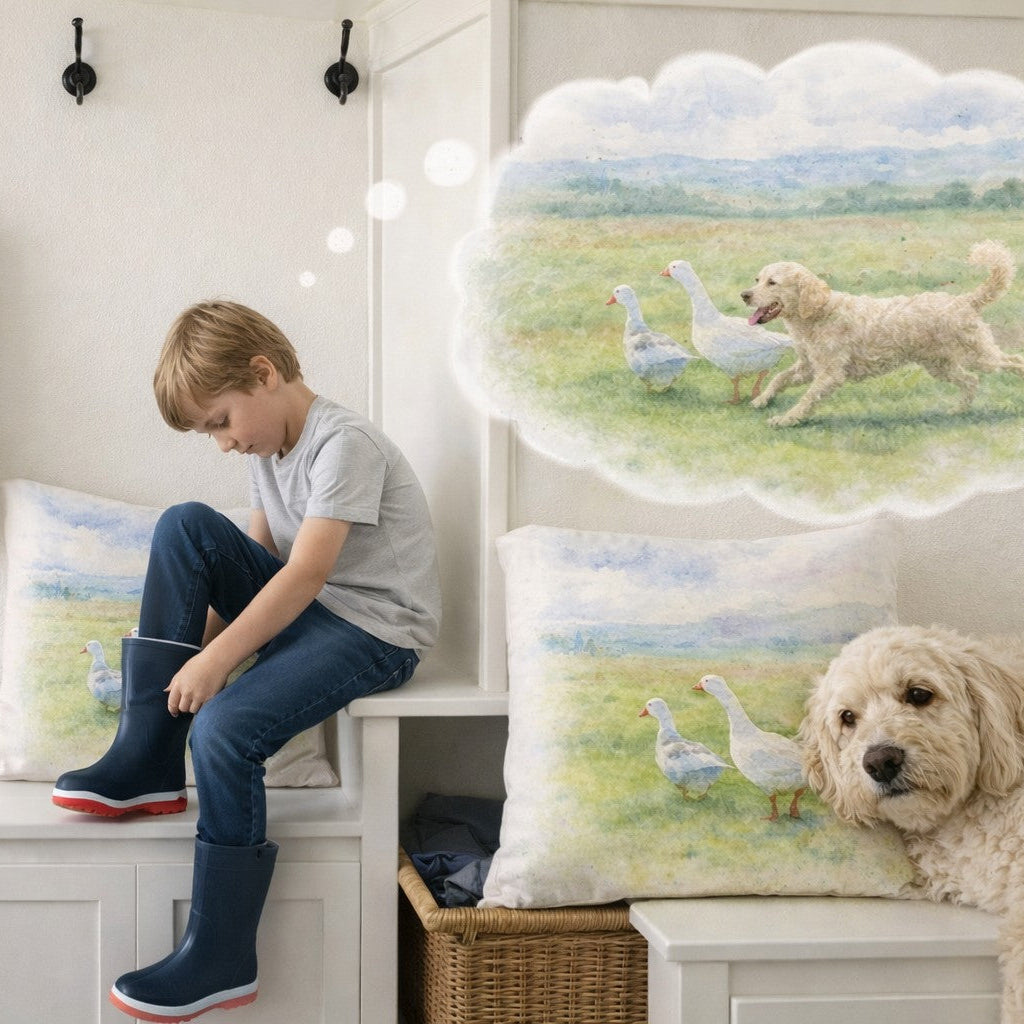 A child sits on a white bench wearing dark blue rain boots, with two matching printed throw pillows and a tote bag featuring a watercolor-style scene of geese and a dog. A large thought bubble shows the same dog and geese scene, and a real dog rests on the bench in the foreground.