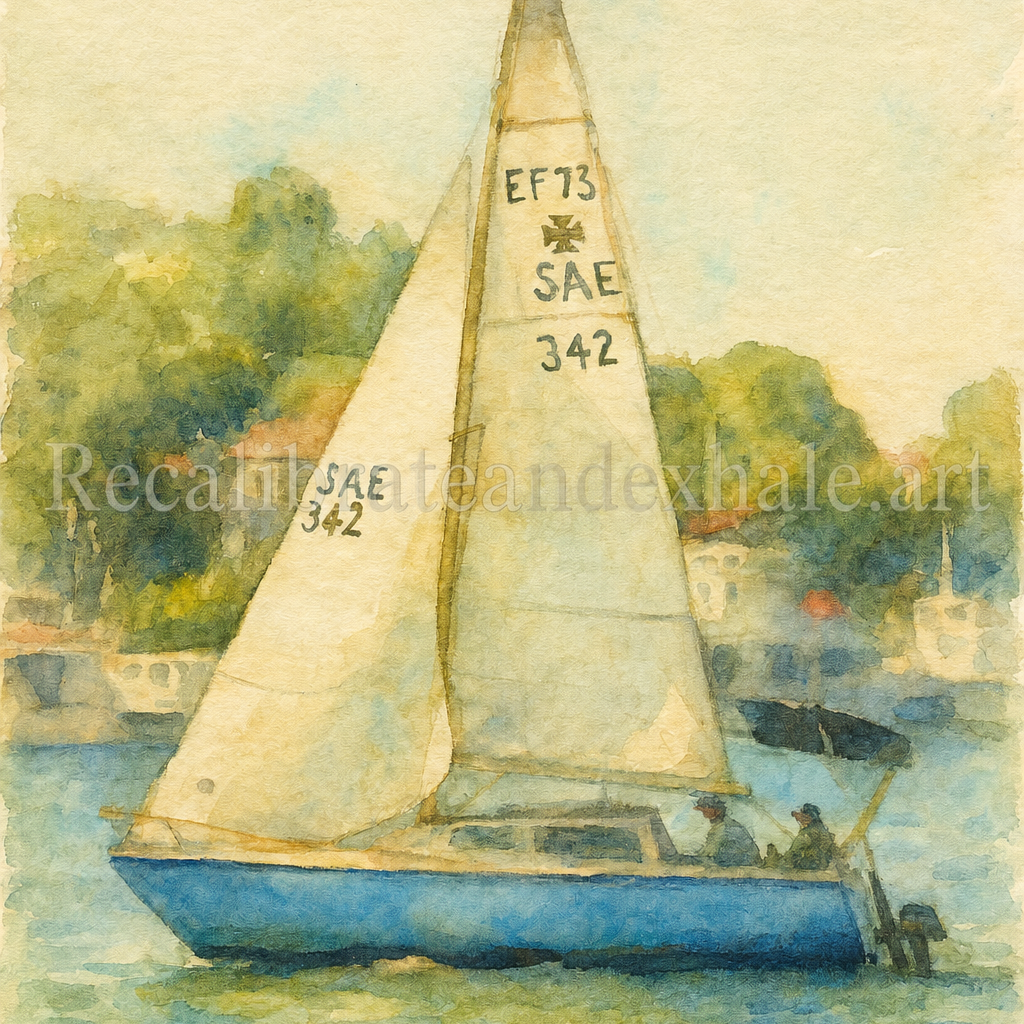 Painting of a blue sailboat on a calm river with soft trees and houses in the background, titled Day on the River 