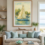 A framed art print of a sailboat on the wall above a beige sofa in a styled living room.