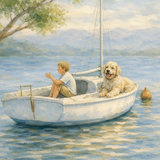 A soft watercolor-style painting of a boy sitting in a small white boat on a calm lake, with a fluffy light-colored dog beside him. Trees, distant hills, and a pale sky fill the background.