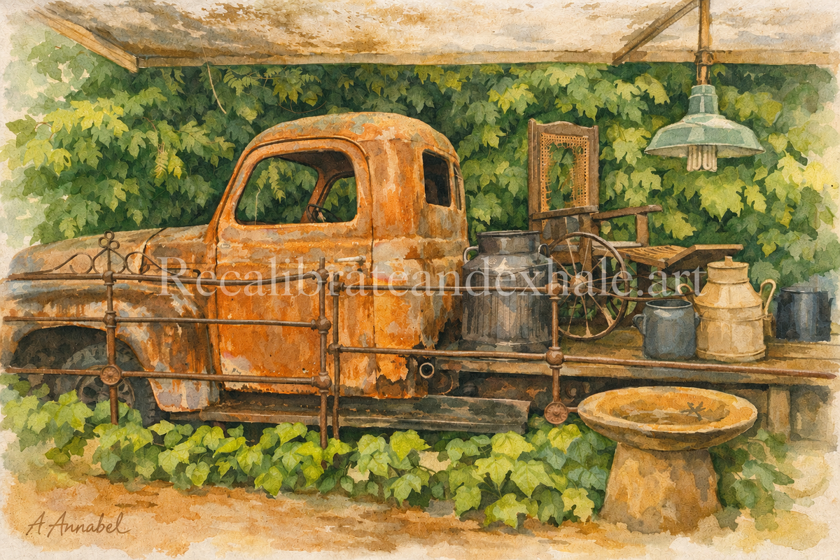 Garden Relic – rustic artwork of a rusted vintage truck surrounded by green vines and old metal cans, warm man shed wall art.
