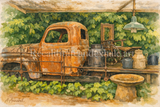 Garden Relic – rustic artwork of a rusted vintage truck surrounded by green vines and old metal cans, warm man shed wall art.
