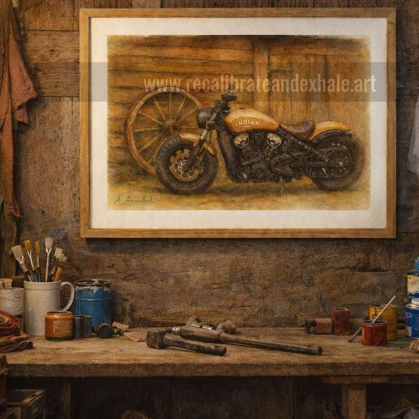 ainting of an Indian motorcycle parked beside a rustic timber building with a wagon wheel, titled Indian Scout.
