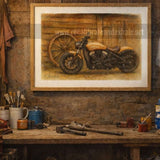 ainting of an Indian motorcycle parked beside a rustic timber building with a wagon wheel, titled Indian Scout.