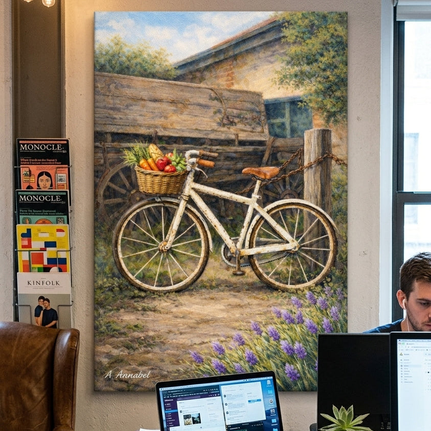 A large canvas wall art print depicting a cream-colored bicycle with a basket of fruit parked in front of a rustic wooden cart and barn, displayed on a wall in a modern office workspace with a desk, laptop, and computer monitors visible.