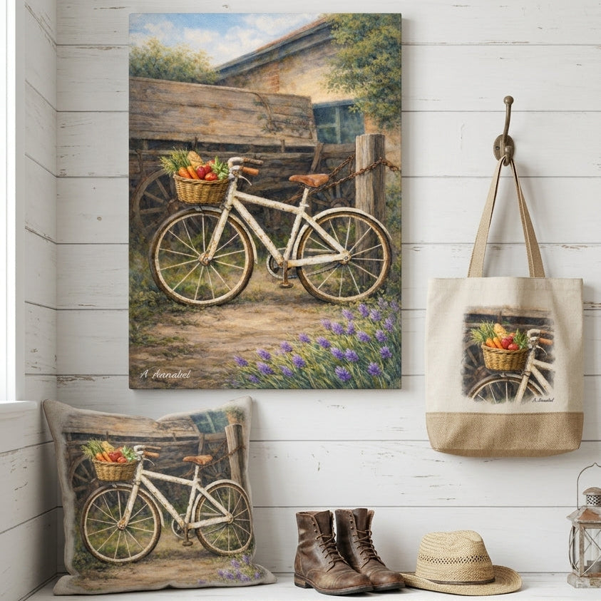 A framed wall art print showing a vintage bicycle with a basket of fruit, displayed in a rustic room setting with a matching pillow, tote bag, boots, hat, and rope on a white bench.