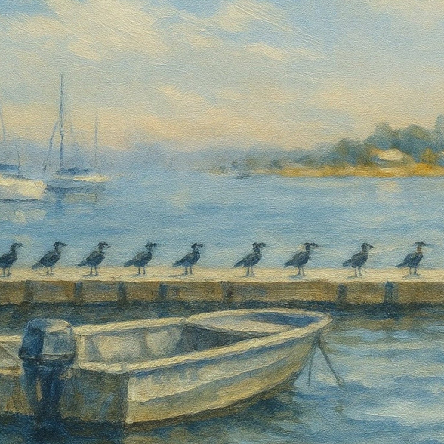 Discover Marina Views, a refined coastal oil-style artwork with a moored boat, seabirds, soft blue water and a balanced harbour composition.