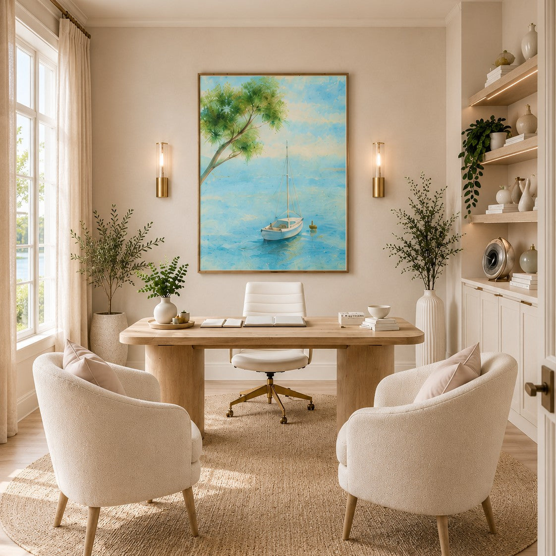 A styled home office interior featuring a large framed painting of a sailboat on a blue sea with a green tree, hung on a beige wall above a wooden desk, two cream armchairs, and a round jute rug.