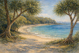 Painting of two pandanus trees beside a beach with soft sky and shoreline, titled Pandanus cove