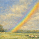 Rainbow appearing over a peaceful landscape after rain, with soft light and calm natural scenery.