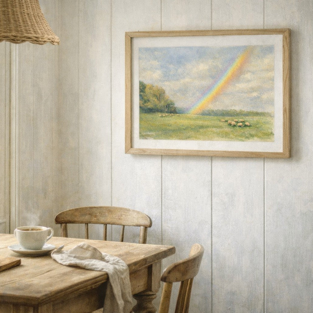 Rainbow appearing over a peaceful landscape after rain, with soft light and calm natural scenery.