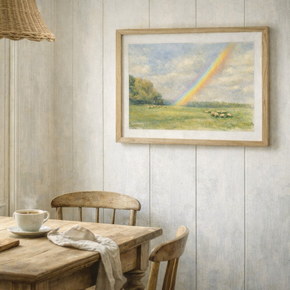 Rainbow appearing over a peaceful landscape after rain, with soft light and calm natural scenery.